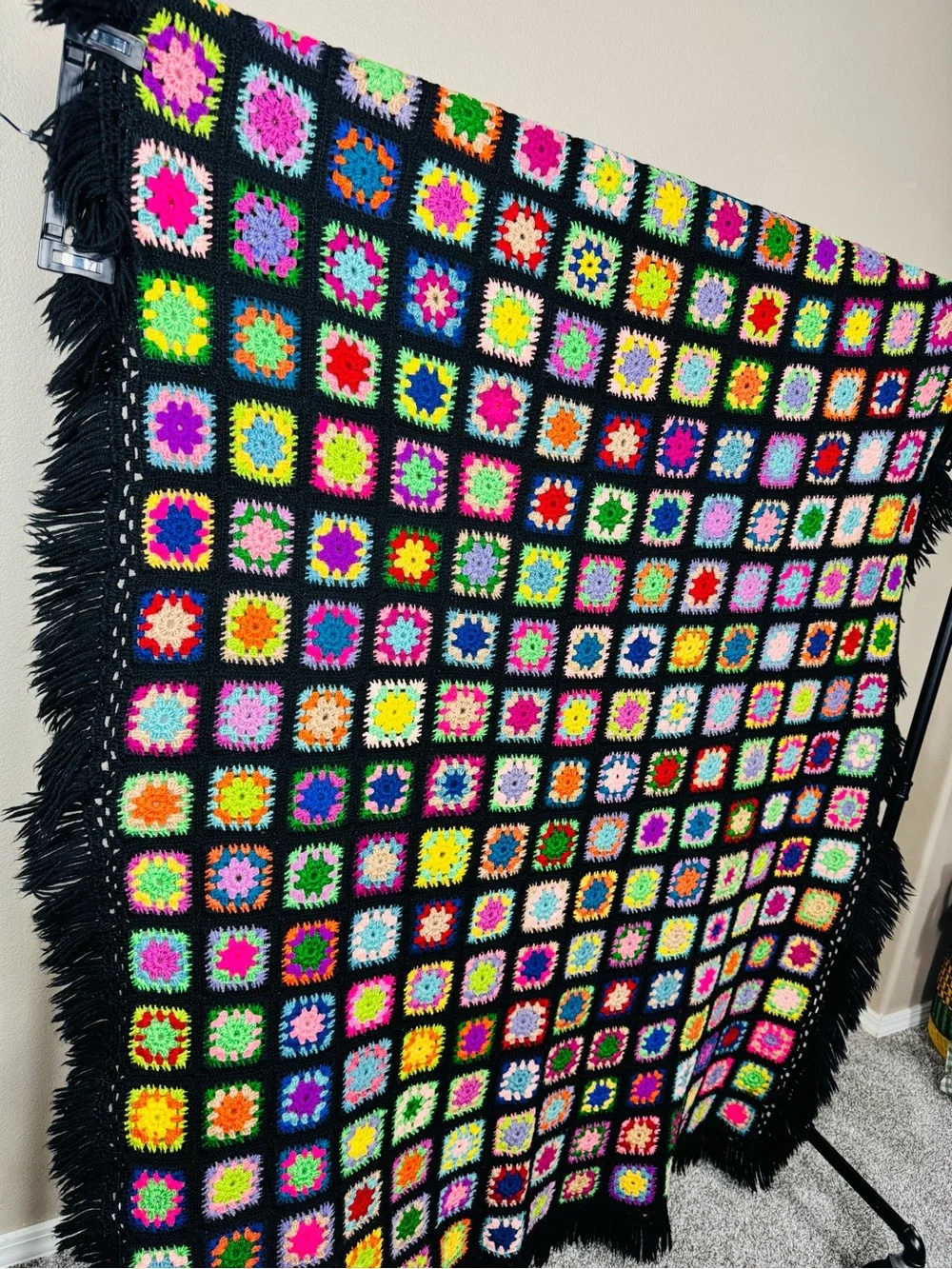 Vintage Granny square blanket black multicolor wool tight weave fringe trim EUC